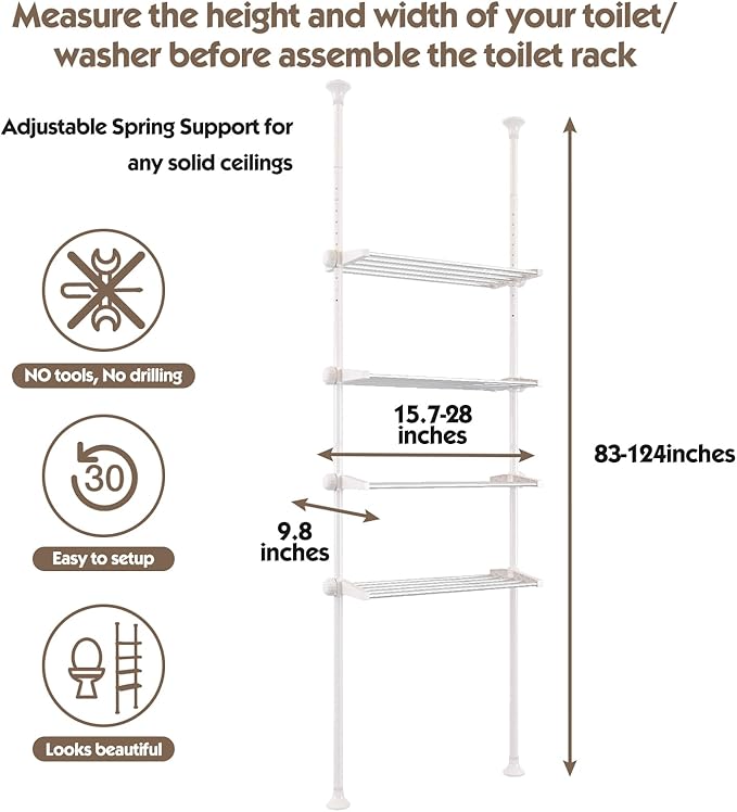 YeYeBest Over The Toilet Storage, Bathroom Organizer 4-Tier Adjustable Shelves for Small Room, Saver Space, 91 to 124 Inch Tall Stainless Steel White