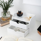 ROSE BLOOM White Wood Desk Organizer with 2 Drawer, Mini Cute Cabinet with Storage Shelf for Tabletop, Small Desktop Box Organizer for Cosmetic Office Supplies