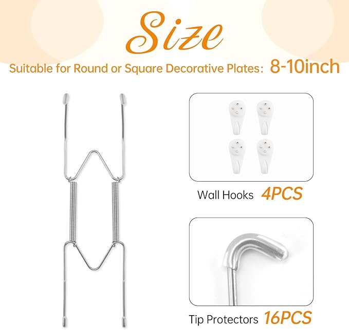 Bilillo 4 Pack Plate Hangers for The Wall, Suitable for 8-10 inch Art Plate, Stainless Steel Invisible Heavy Duty Wire Plate Holder with Wall Hooks, Plate Hangers for Display Plates, Dish(Silver)