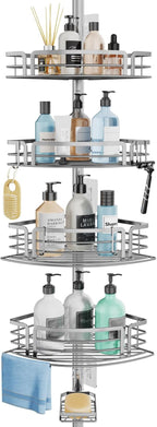 Consumest Corner Shower Caddy Tension Pole - Rustproof Shower Shelves with Towel Bar & Soap Holder, Adjustable Bath Organizer for Bathroom Storage, 27.6-108.3 inch, Silver