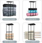 Camping Chair Rack for Garage Storage, Metal Camping Beach Chair Umbrella Holder Wall Mounted Rack Organizer Floating Shelf with 4 Hooks for Garage Organization