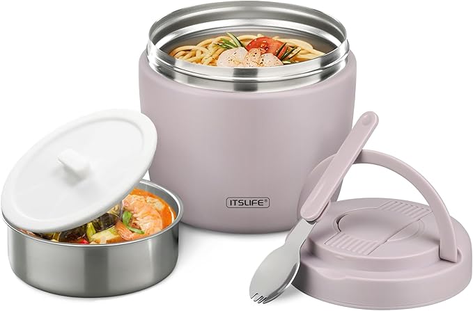 Itslife 32oz Insulated Soup Thermos, Vacuum Stainless Steel Food Jar for Hot & Cold Food, Leakproof Wide Mouth Lunch Container with Spoon, Light Purple
