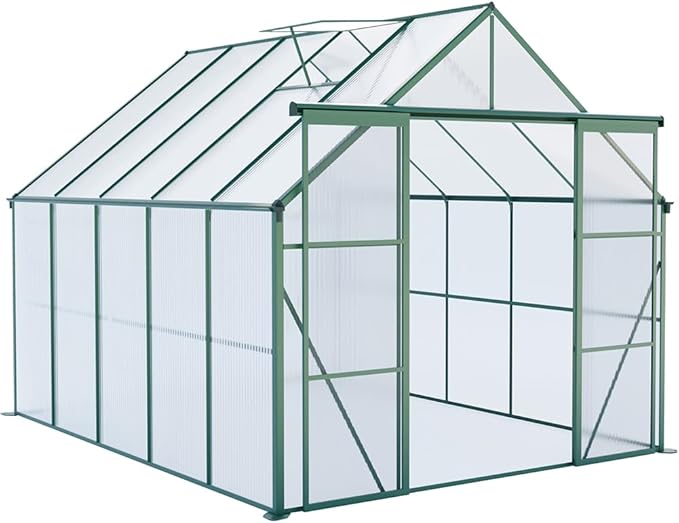 Double Sliding Door Polycarbonate Greenhouse with Rain Gutter and Roof Vent, Raised Base and Anchor Aluminum Heavy Duty Walk-in Green House, Outdoor Patio Sunroom (Green, 121.25*94.5*89.5in)