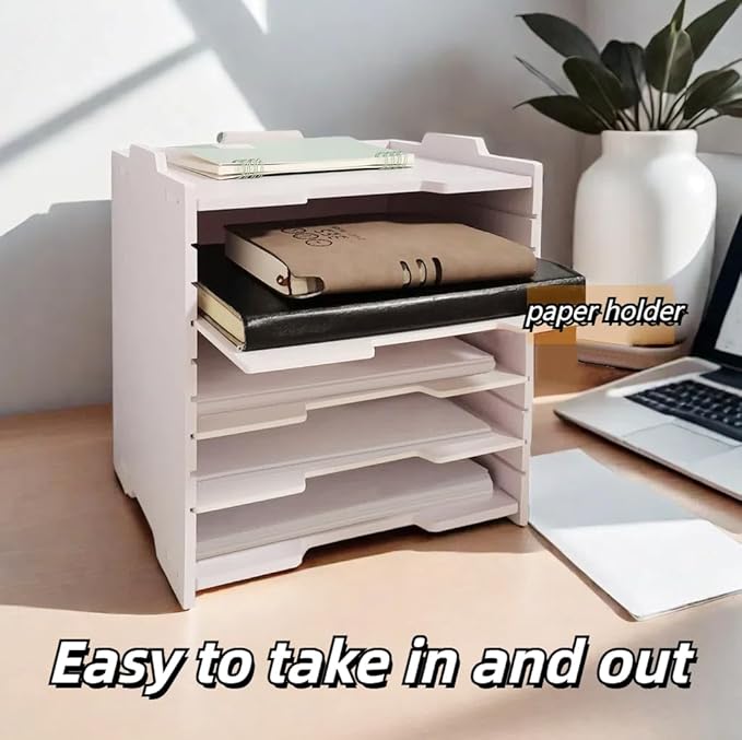 A4 Wooden Desk Letter Tray, Paper Organizer Storage with Adjustable Shelves, Stackable File Sorter for Notes, Pens, File Paper and Desk(Portrait-10tray(with 9 Adjustable Shelves))