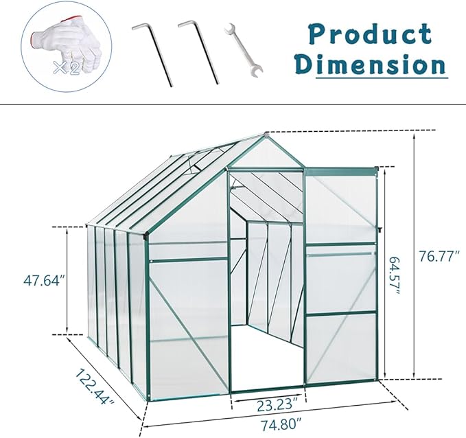 Polycarbonate Greenhouse with Rain Gutter and Roof Vent, Raised Base and Anchor Aluminum Heavy Duty Walk-in Green House, Outdoor Patio Sunroom with Sliding Door (Green, 122.44*74.8*76.77in)