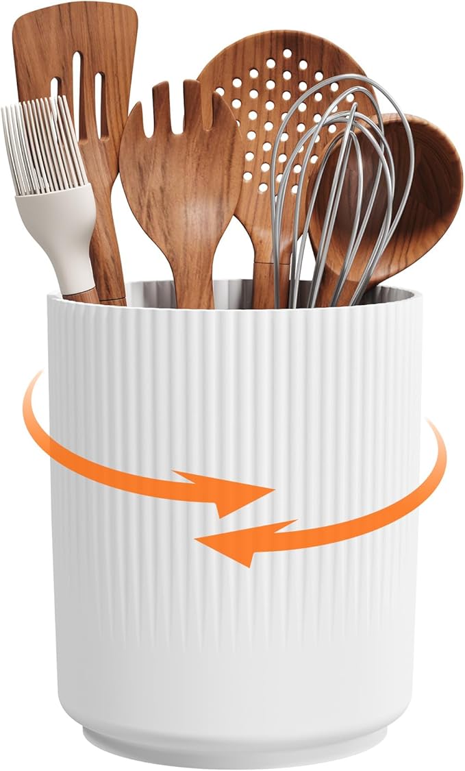 Lifewit 7.5" Plastic Utensil Holder for Kitchen Counter, Cooking Silverware Caddy with Non-Slip Rotating Base, 3 Compartment Spoon Spatula Cutlery Flatware Organizer with Dry Draining, White, 1 Pack
