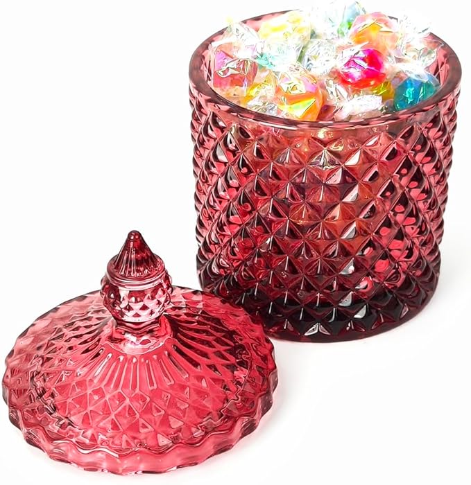 Colorful Glass Jar With Lid,Christmas Candy Dish,Cookie Jars,Jewelry Box,Biscuit Containers Food Storage,Decorative Jar(Purplish Red)