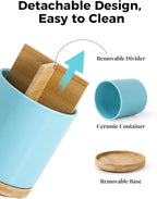 LoeJan 3 Compartment Utensil Holder, Extra Large Utensil Crock, Stable Ceramic Utensil Organizer, Cooking Tool Organizer Set for Kitchen Counter Farmhouse Decor, Turquoise
