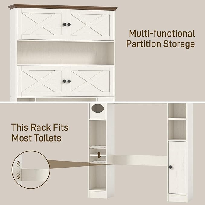 Over The Toilet Storage Cabinet, Farmhouse Storage Over Toilet with 4 Barn Doors & Adjustable Shelf, Space Saving Bathroom Organizer with Toilet Paper Holder Stand for Bathroom, Laundry, Rustic White