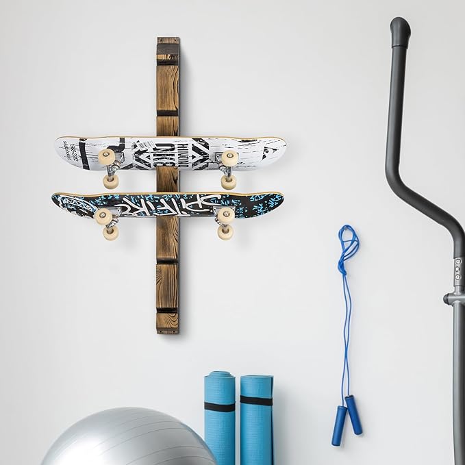 MyGift Modern Wall Mounted Rustic Burnt Solid Wood Skateboard Display Rack, Hanging Longboard Storage Organizer with Diagonal Cutout Slots, Holds 6 Boards