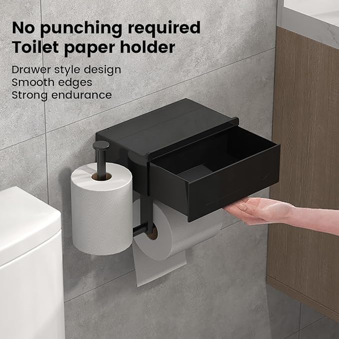 Modern Wall-Mounted Toilet Paper Holder with Storage Shelf, Black Bathroom Tissue Dispenser with Wipes Container, Multi-Function Organizer