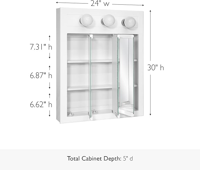 Design House Concord Medicine Cabinet, 3 Mirrored Doors, Pre-Assembled, 2 Fixed Shelves, Wall Mount, 3 Vanity Lights, White Frame Wall Cabinet, 24 in W x 5 in D x 30 in H, 532374-WHT