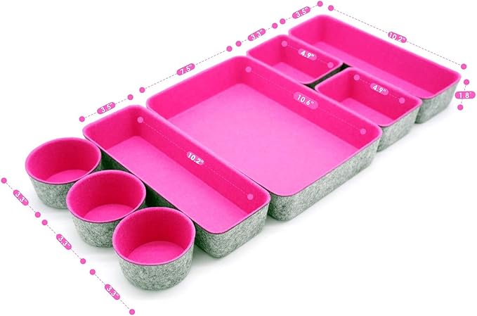 Welaxy Felt Desk Drawer Organizer Trays, 8-Piece Storage Bins for Jewelry, Office Supplies & Entryway Catchall (Hot pink)
