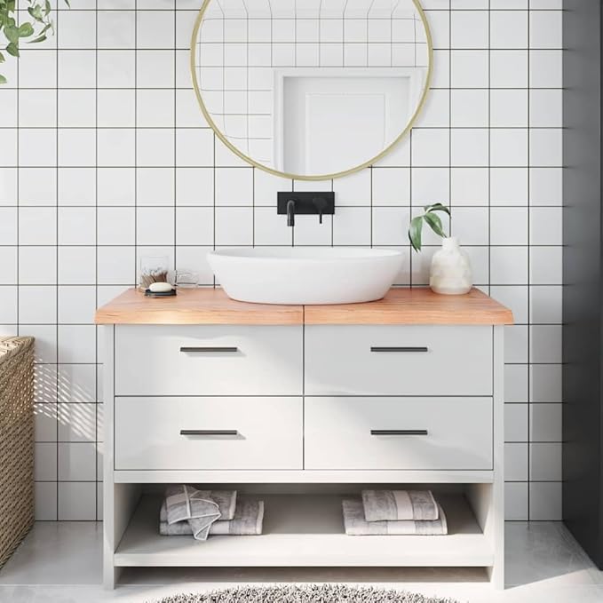 vidaXL Bathroom Countertop in Light Brown Solid Oak Wood with Varnish Finish - 47.2"x23.6"x(0.8"-1.6") Size