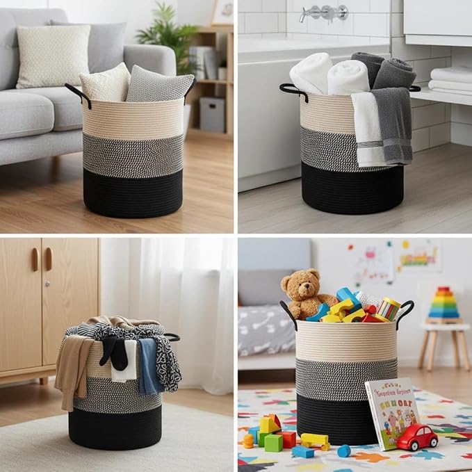 58L Cotton Rope Laundry Basket - Large Collapsible Storage Hamper with Handles Suitable for seasonal storage, toy storage, and a great gift for women (Color Block)