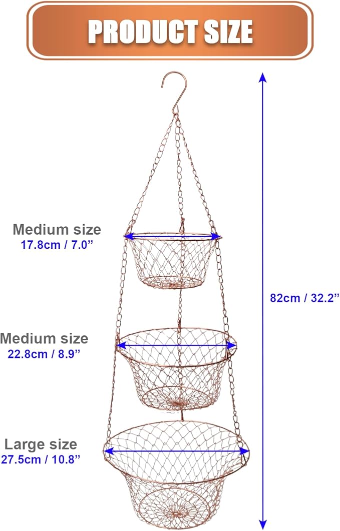 Hanging Fruit Basket – 3 Tier Hanging Baskets for Kitchen – Heavy Duty Wire Fruit and Vegetable Basket with Hooks, Copper Finish 32 Inches Kitchen Organizer, Storage Rack, Durable Iron
