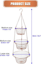Hanging Fruit Basket – 3 Tier Hanging Baskets for Kitchen – Heavy Duty Wire Fruit and Vegetable Basket with Hooks, Copper Finish 32 Inches Kitchen Organizer, Storage Rack, Durable Iron