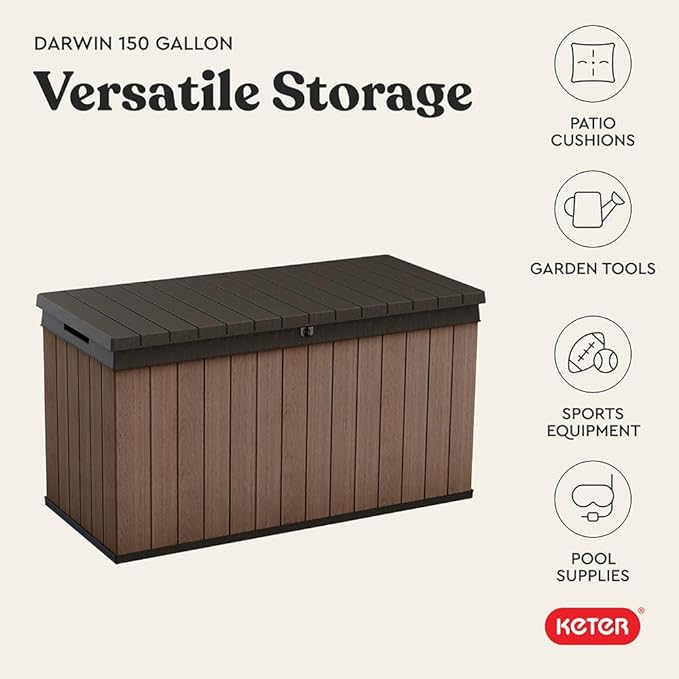 Keter Darwin 150 Gallon Resin Large Deck Box - Organization and Storage for Patio Furniture, Outdoor Cushions, Garden Tools and Pool Gear
