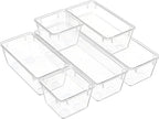 Clear Acrylic Drawer Organizer Trays, 5 Size Junk Box Organization Small Storage Container Bin for Desk Makeup Bathroom Vanity Kitchen Tool Make Up Workspace Home Dorm Apartment Office Room Nightstand