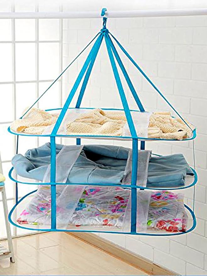 Quixleen 2 Tier Foldable Hanging Mesh Dryer,Sweater Drying Rack Network Foldable Drying Basket Racks,Portable Hanging Laundry Rack for T-Shirt Swimsuit Delicates,Indoor Outdoor