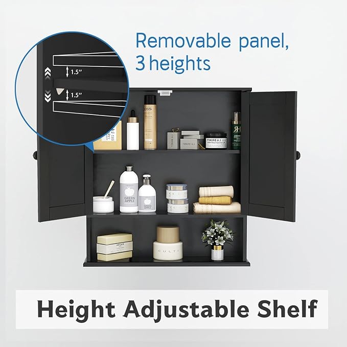 TaoHFE Black Medicine Cabinet, 2 Doors 3 Open Shelf, Wall Mounted Wooden Storage Cabinet Over Toilet