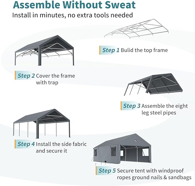 Heavy Duty Carport Canopy 13x25FT,Extra Large Portable Car Tent Garage with Roll-up Windows and All-Season Tarp Cover,Removable Roof&Side Walls for Car,SUV,Boats&Truck Shelter Logic Storage,Gray