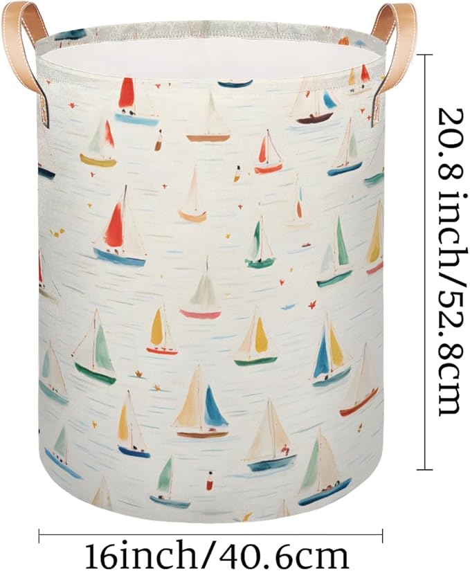 Cartoon Sailboat Collapsible Laundry Basket Large Laundry Hamper Waterproof Foldable Storage Bins Laundry Basket with Leather Handles Clothes Nursery Hampers