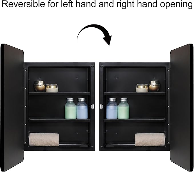 Fundin Plastic Black Medicine Cabinet, Mirror Door with Round Corner Metal Frame, Recessed and Surface Mount Bathroom Medicine Cabinet, 16 x 22 inch Mirror Size