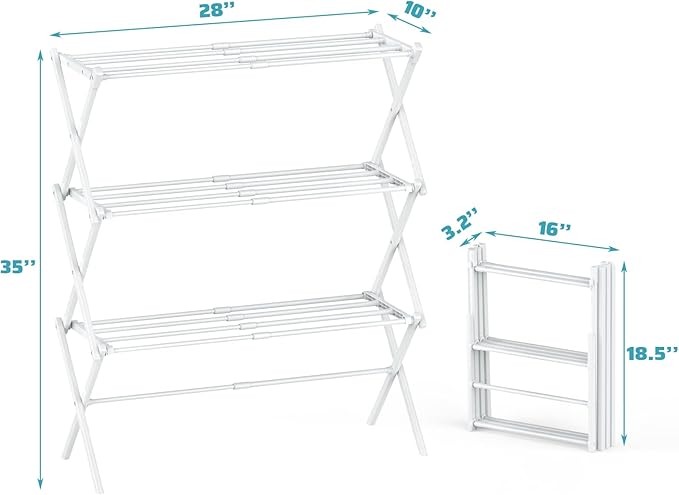 Foldable Drying Rack Clothing, 3-Tier Clothes Drying Rack Use for Indoor & Outdoor Antirust Laundry Drying Rack Collapsible White 28" L x 35" H x 10" W