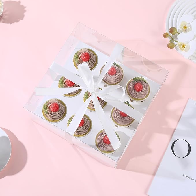 9 Counts x 8 Sets Cupcake Containers 9 Count Cupcake Boxes with 5.5inches height Assembly Plastic Cupcake Holders Disposable Cupcake Carriers for Birthday Party Pastry Bakery Supplies(9count/8pcs)