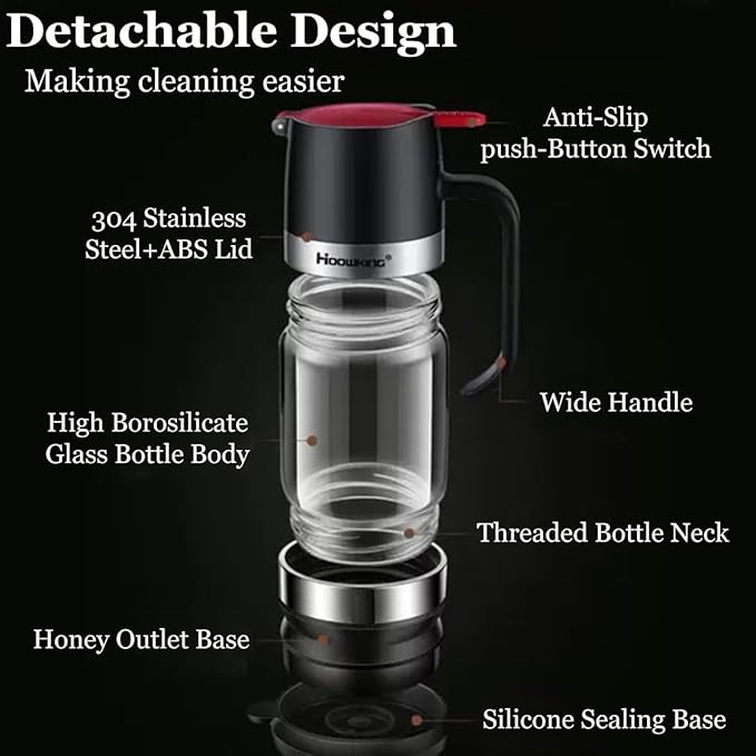 Honey Dispenser No Drip with Base, 12oz Glass Honey Dispenser with Handle, Pressure Design for Quantitative Honey Extraction Syrup and Jam (Yellow)
