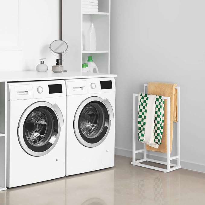 Freestanding Towel Rack for Bathroom 2 Tier Small Metal Hand Towel Holder Stand Towel Bar Towel Drying Rack Floor for Bedroom Laundry Room, White