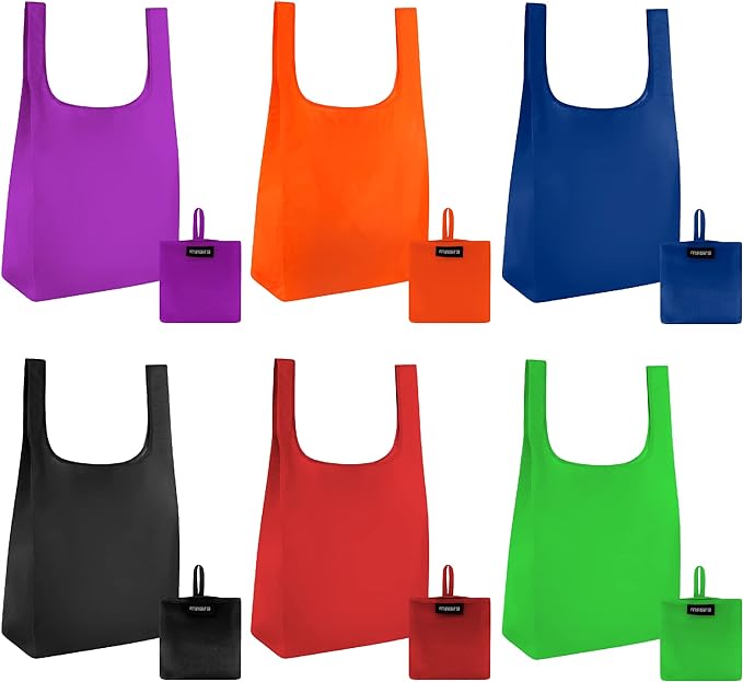 Masirs Reusable Grocery Bag (6-PACK | COLORS) - Reusable Ripstop Bags - Large, Strong Eco Friendly Bags - Foldable Shopping Bag - For Kitchen, Grocery & More - Packable Shopping Bag