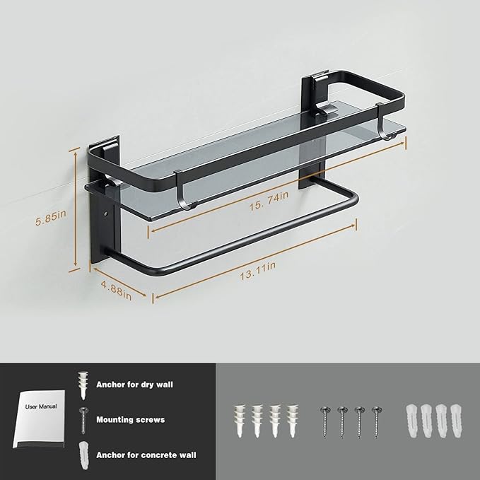 VOLPONE Glass Shelf for Bathroom 15.7 in Black Bathroom Shelves Wall Mounted Tempered Glass Shelving with 2 Removable Hooks (1 Tier)
