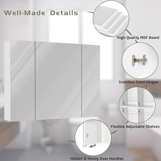 DICTAC Bathroom Medicine Cabinet with Mirrors 31.5x23.62 Inch Storage Cabinet with Mirror Wall Mounted Bathroom Mirror with Adjustable Storage Shelves and 3 Doors Mirror Medicine Cabinets for bathroom