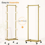 MISSLO Small Clothes Racks for Hanging Clothes Clothing Rack with Wheels 60" Garment Rack with Shelves Portable Rolling Wardrobe Rack for Small Space (Gold)
