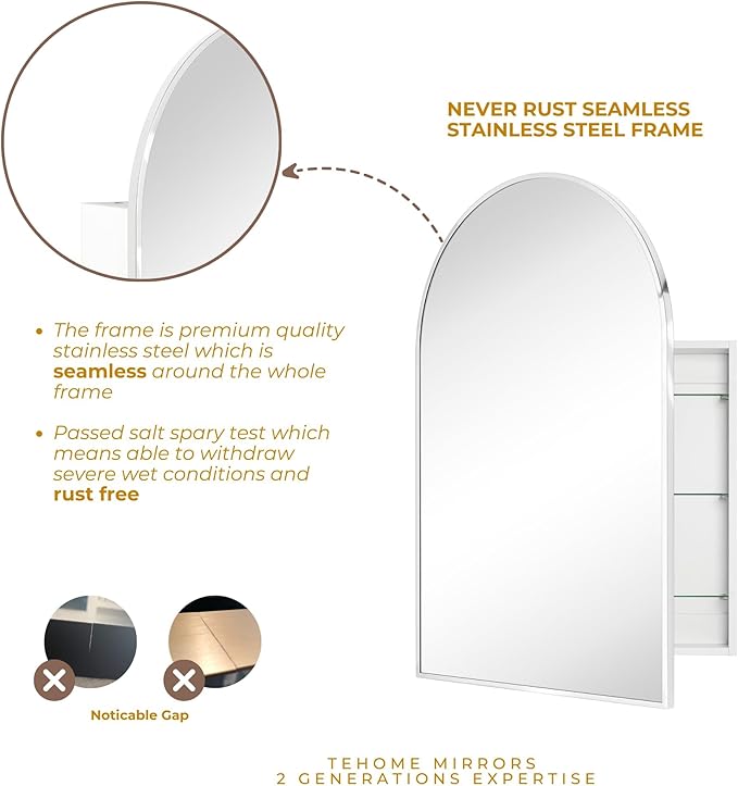 TEHOME 20 x 30'' Polished Nickel Arched Bathroom Medicine Cabinet with Mirror Recessed and Surface Mounted Medicine Cabinet Mirror