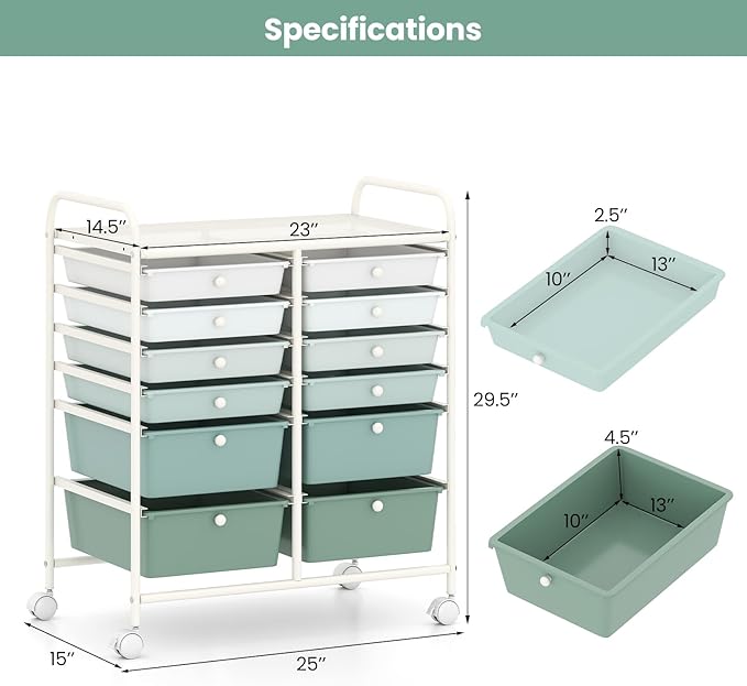 Giantex 12 Drawers Rolling Storage Cart, Classroom Organizers with Wheels for Tools Scrapbook Craft Paper Teacher Office School Supplies, Green Gradient