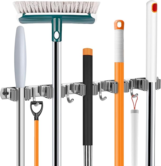 Broom Holder Wall Mount, Broom Organizer Wall Mount Stainless Steel Broom and Mop Hanger Heavy Duty Storage Organization for Home Kitchen Garden Garage Room 5 Racks 4 Hooks (1Pack)(Grey Racks)