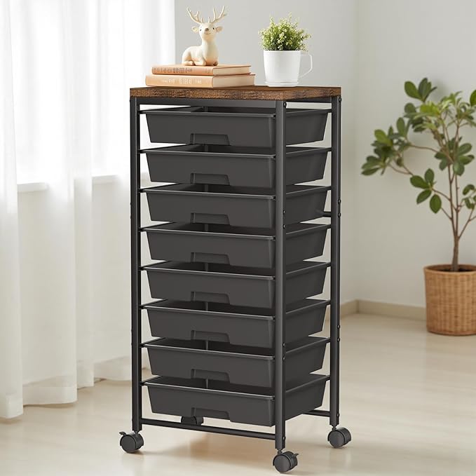 Rolling Cart with 8 Drawers, Plastic Drawer Storage Carts with Wheels & Wooden Tabletop, Metal Utility Cart Organizer for Bedroom Living Room Office Classroom Craft Organization and Storage, Black