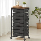 Rolling Cart with 8 Drawers, Plastic Drawer Storage Carts with Wheels & Wooden Tabletop, Metal Utility Cart Organizer for Bedroom Living Room Office Classroom Craft Organization and Storage, Black