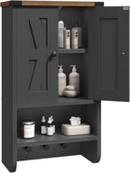 Bathroom Wall Cabinet, Farmhouse Medicine Cabinet with Adjustable Shelf, 3-Tier Wall-Mounted Storage Cabinet with 3 Hooks and Open Shelf, for Bathroom, Living Room, Kitchen, Black and Walnut