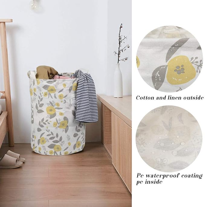 UUJOLY Collapsible Laundry Basket, Laundry Hamper with Handles Waterproof Round Cotton Linen Laundry Hamper Printing Household Organizer Basket, 19.7x15.7 inches, Yellow