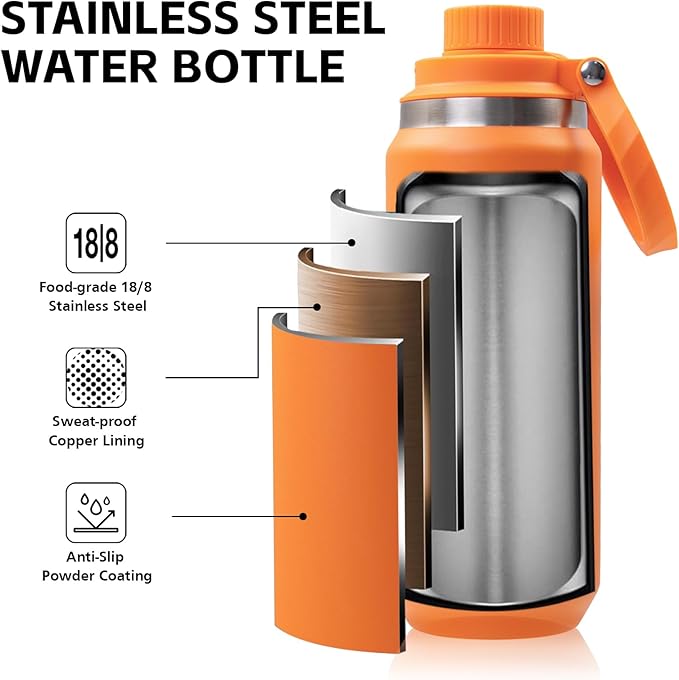 Greylock 20 oz Insulated Water Bottle with Straw Lid, Reusable Stainless Steel Sports Water Bottles with Foldable Handle, Leak Proof, Double-Wall Vacuum Insulation, 24 Hours Cold(Tangerine)