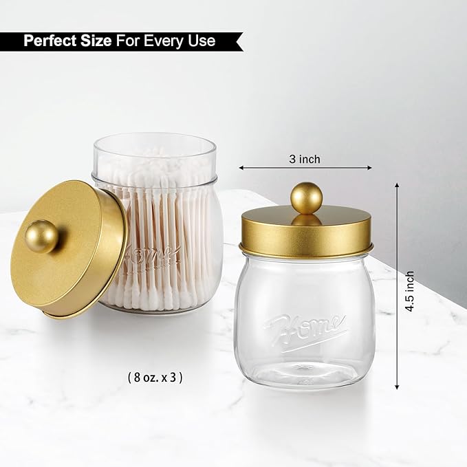 SheeChung 3 Pack Qtip Holder Bathroom Jar Set, Apothecary Mason Jar for Bathroom Vanity Home Storage Organizer, Plastic Acrylic Qtip Dispenser for Cotton Swab, Floss Pick, Farmhouse/Home Decor (Gold)