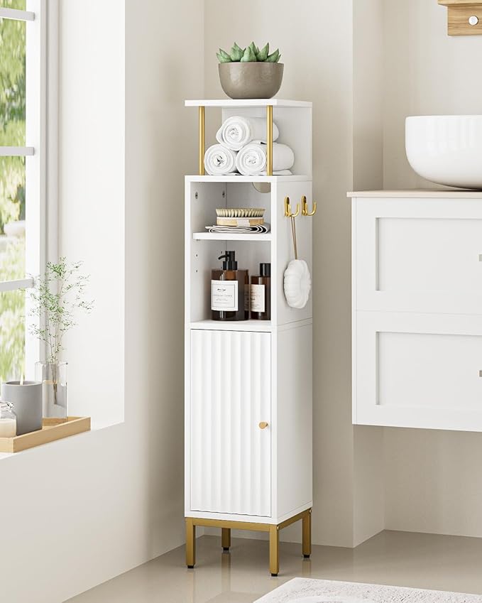 Bathroom Storage Cabinet,Small Corner Floor Cabinet with 2 Hook,Narrow Toilet Paper Cabinet with Adjustable Shelves,Bathroom Organizer for Living Room,Small Spaces (Wave, White-37''H)
