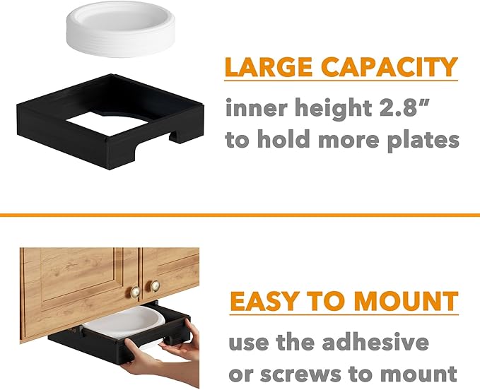 SpaceAid 10-inch Paper Plate Dispenser (Need 11.3 Inches Deep Cabinet Space) Under Cabinet Bamboo Plates Holder, Kitchen Vertical Dipensers Caddy, Black