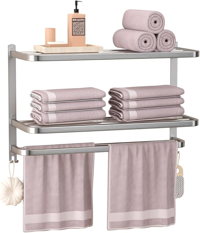 DDS-DUDES 23" Towel Racks for Bathroom with Towel Bars, 3 Tier Hotel Towel Shelf Stainless Steel Wall-Mounted Holder with Towel Shelves Brushed Nickel