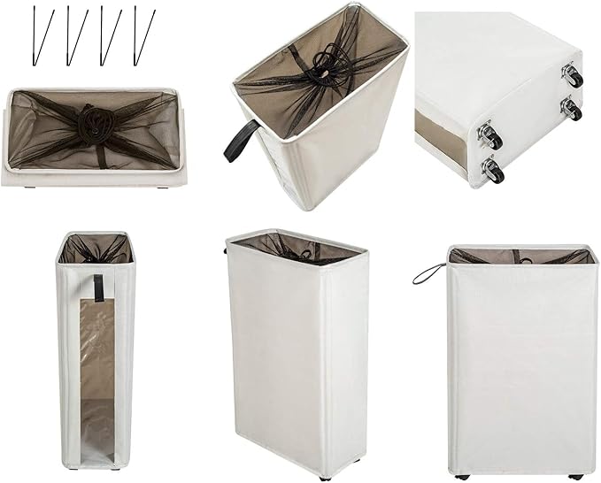 ZERO JET LAG 25 Inches Slim Laundry Storage Hamper - Large Rolling Clothes Hamper - Rolling Storage Bin - Tall Corner Basket - Clear Window Visible - Dirty Laundry Bin - (Beige)