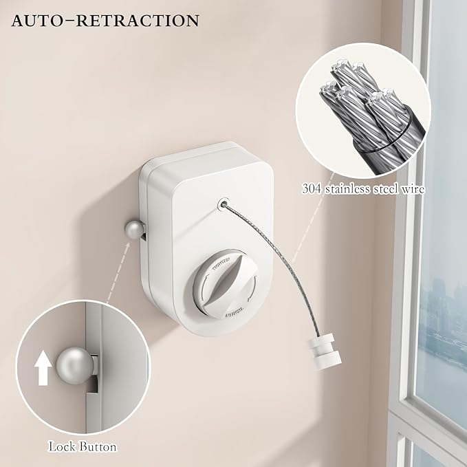 Retractable Clothesline Indoor, Non-Sagging Clothes Line Outdoors,13.7 Ft Heavy Duty Clothesline with Telescopic Hanging Rod, Wall Mounted Space-Saving Laundry Line (White)